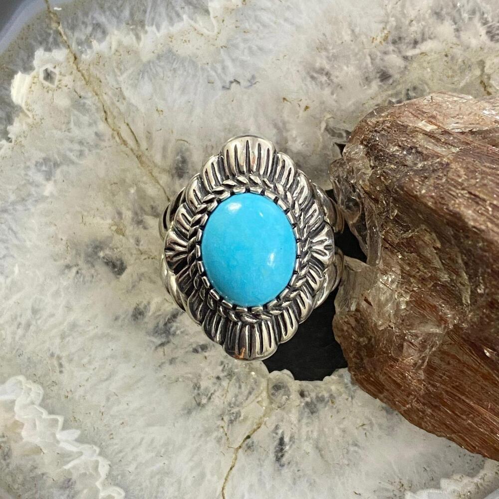 Carolyn Pollack Vintage Sterling Silver Oval Turquoise Decorated Ring For Women - Picture 4 of 10
